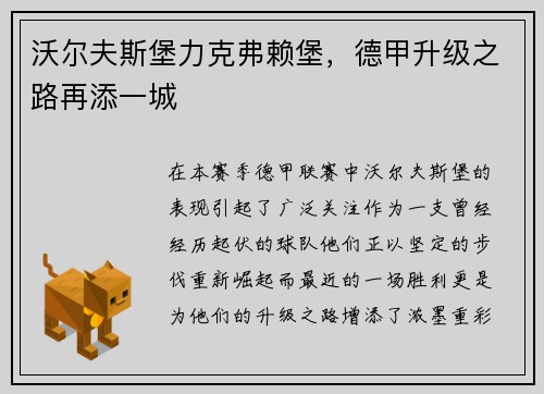沃尔夫斯堡力克弗赖堡，德甲升级之路再添一城