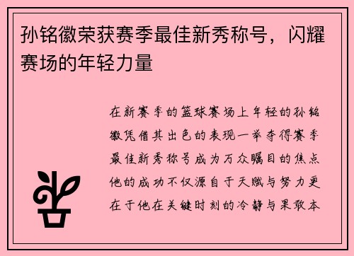 孙铭徽荣获赛季最佳新秀称号，闪耀赛场的年轻力量