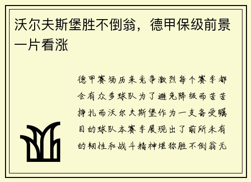 沃尔夫斯堡胜不倒翁，德甲保级前景一片看涨