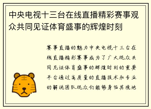 中央电视十三台在线直播精彩赛事观众共同见证体育盛事的辉煌时刻