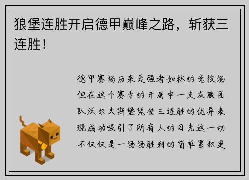 狼堡连胜开启德甲巅峰之路，斩获三连胜！